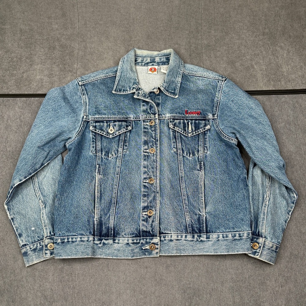Vintage Looney Tunes Denim Jacket‎ XL Blue Embroidered Bugs Bunny Taz Sylvester